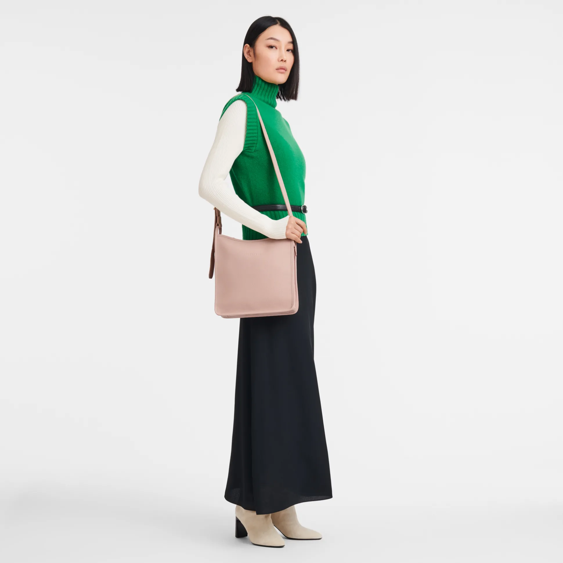 Cheap Longchamp Borsa a tracolla con zip M BeigePelle