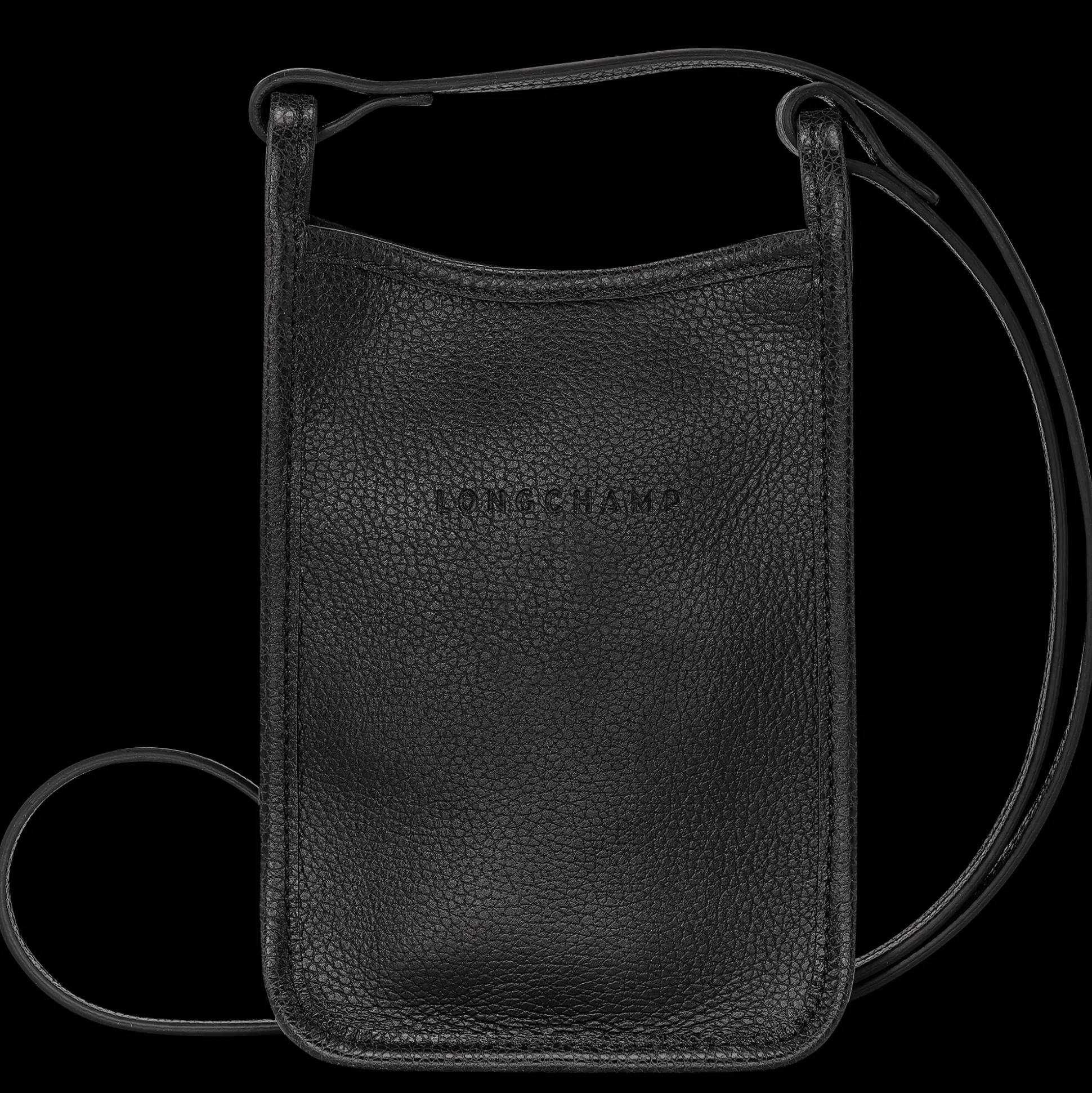 Cheap Longchamp Custodia per cellulare con laccio in cuoio Nero